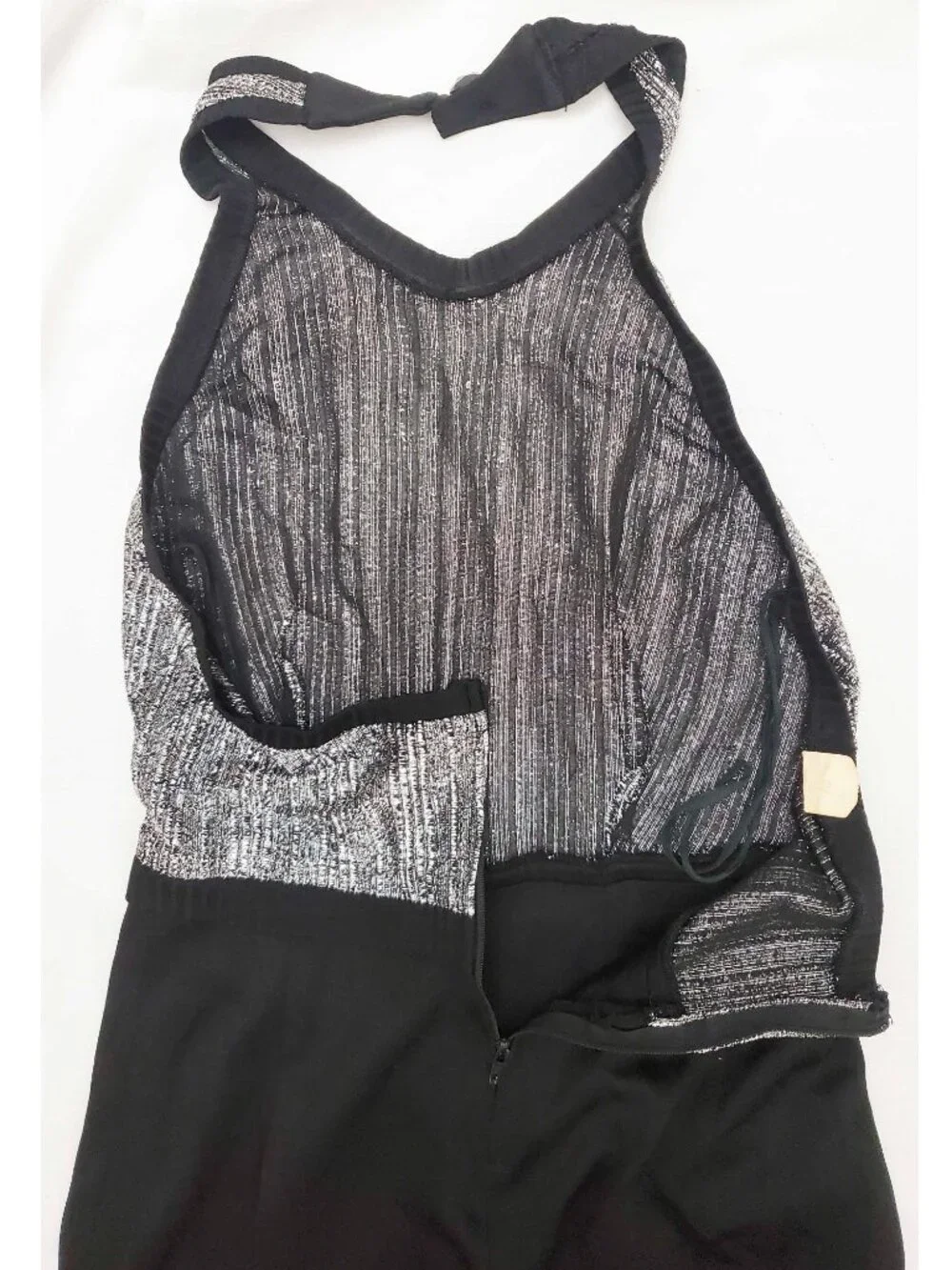 1970s Vintage Womens Disco Silver Metallic Black Bell Bottom Halter Top Jumpsuit